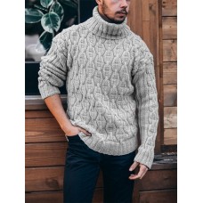 Mens Solid Color Twisted Cable Knit High Neck Slim Fit Casual Sweater