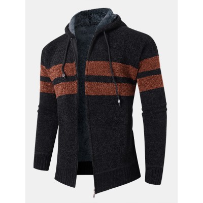 Mens Colorblock Knitted Zipper Warm Hooded Sweater Cardigans