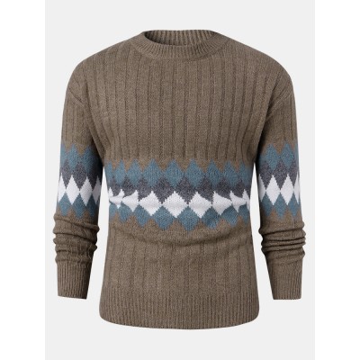 Mens Vintage Argyle Pattern Rib  Knit Cotton Long Sleeve Pullover Sweaters