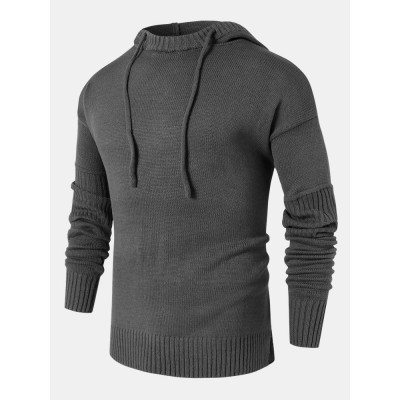 Mens Solid Color Design Cut Out Sleeve Kitted Hooded Sweaters