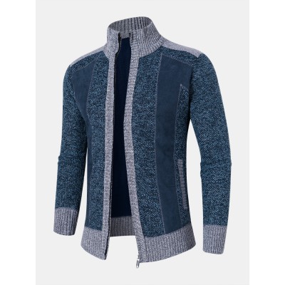 Men Stitching Knit Zipper Stand Collar Casual Cardigans