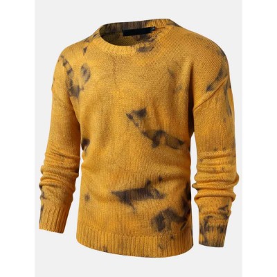 Mens Tie Dye Print Knit Rib Round Neck Relaxed Fit Sweaters